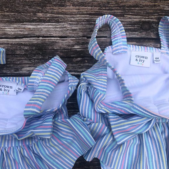 New Set of 2 Twins Crown & Ivy Baby Girls Striped One Piece Swimsuits  Size 12M - Picture 2 of 4